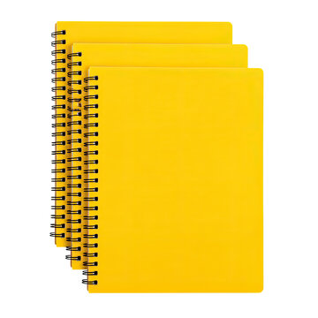Set of Three Yellow Spiral Notebooks Mockup Isolated on Transparent Background Premium Stationery 3D Illustration, Generative AI