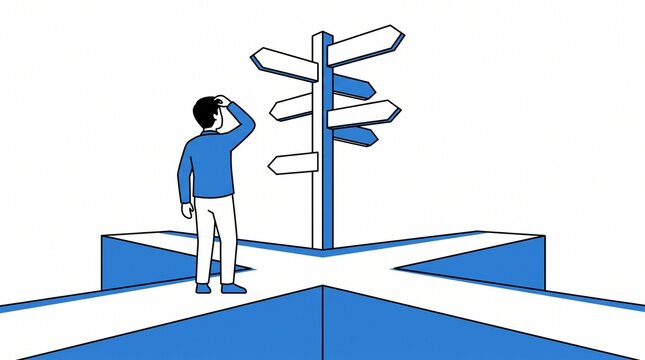 A businessman standing at a crossroad looking at multiple direction signs representing career choices and decision making