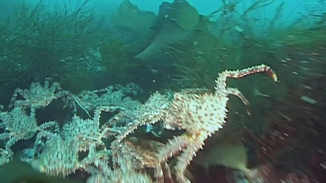 Observe the remarkable migration of large Red King Crab Paralithodes Camtschaticus. These magnificent crustaceans journey across the cold Arctic seabed, a truly ancient and breathtaking annual event.