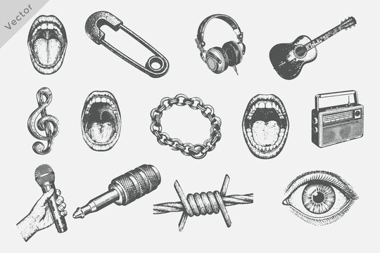 Vintage mouth elements set in  Hand-drawn sketch  engraving style including Eye, Open Mouth, Safety Pin, Chain, Wire, Radio, Guitar, Headphone, Microphone on white background vector illustration