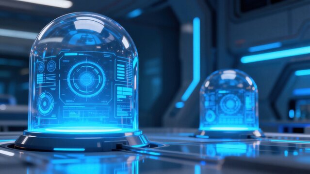 Futuristic glass domes with digital interfaces