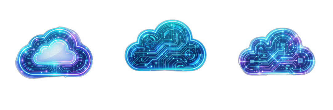 Three Abstract Digital Cloud Icons with Circuit Board Patterns, Futuristic Technology PNG Set, Glowing Blue Cyber Cloud Computing Graphics, Data Network Concept, High-Quality Tech Elements for UI Desi