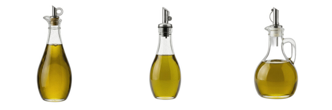 Three Glass Bottles of Extra Virgin Olive Oil Isolated on White Background, Culinary Oil Cruets PNG Set, Healthy Organic Cooking Ingredient, Professional Food Photography for Kitchen and Restaurant De