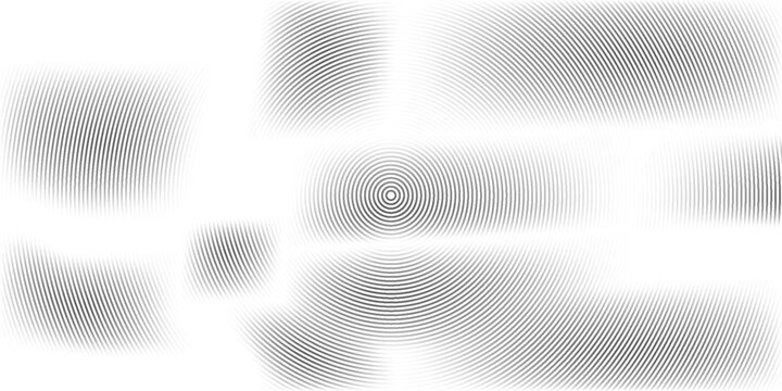 Black concentric circle texture. Radial geometric pattern background. Linear epicenter, radar, target concept. Round rippled halftone ring wallpaper for brochure, template, poster, overlay. Vector