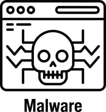 Black and white of a computer window showing a skull and crossbones symbol with jagged lines, representing malware and virus