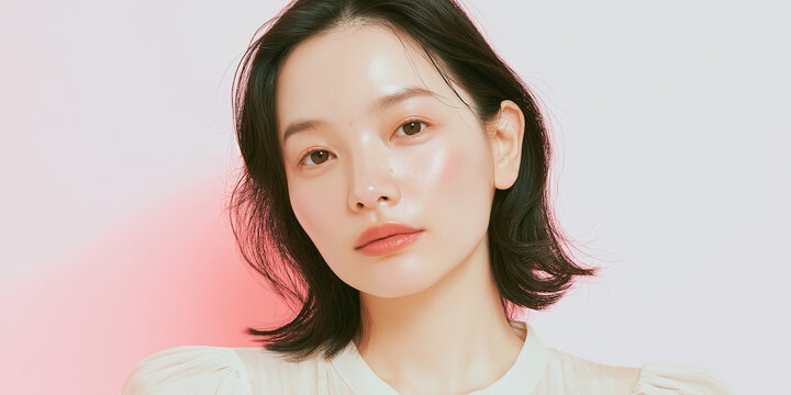日本人, 女性, 50代, 40代, ミドル, シニア, 美容, スキンケア, エイジングケア, 健康, ライフスタイル, 美人, ナチュラル, 清潔感, 透明感, 白背景, コピースペース, 広告素材, 信頼感, 微笑み, ウェルビーイング, 上半身, 視線, ポニーテール, 化粧品, エステ, 自己肯定感, オーセンティック, ポジティブエイジング, 日本, ウェルエイジング, サプリメント,