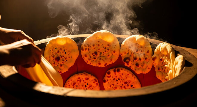 Flatbread baking inside a traditional clay tandoor oven provides a warm and authentic experience.