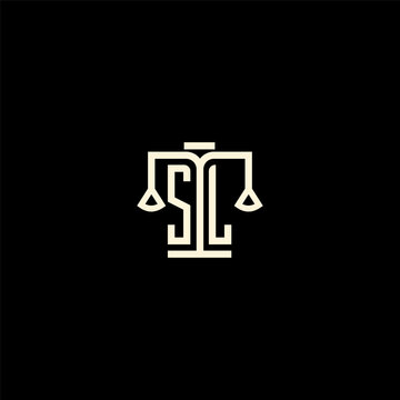 Minimalist sl letter monogram logo design with scale of justice symbol, monogram