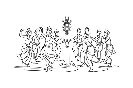 A continuous line drawing of a group of traditional Indian dancers performing a circular folk dance around a central pillar.