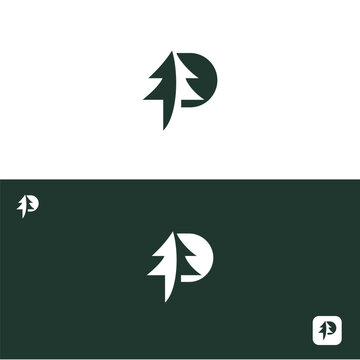 Eco friendly letter p logo with pine tree design branding environment