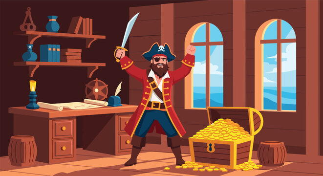 Brave pirate captain celebrating his treasure chest full of gold coins inside his ship cabin with maps and nautical tools.