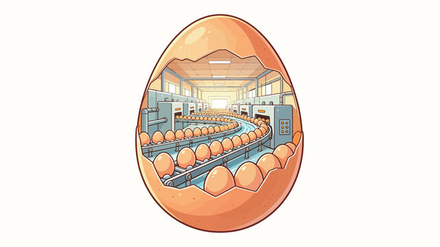 Surreal illustration of an eggshell revealing a bustling factory interior with conveyor belts and