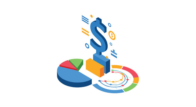 Isometric financial data visualization featuring a large dollar sign, 3D pie charts, and colorful graphs for business reports.