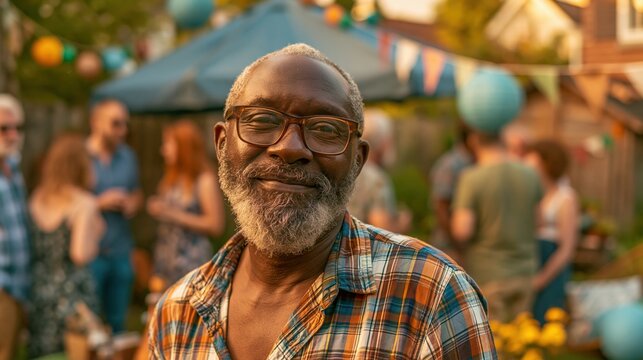 Hot Summer season lifestyle theme. A candid portrait of an elderly man with a full beard and glasses, captured outdoors during the golden hour. He wears a plaid shirt and stands in a relaxed pose.