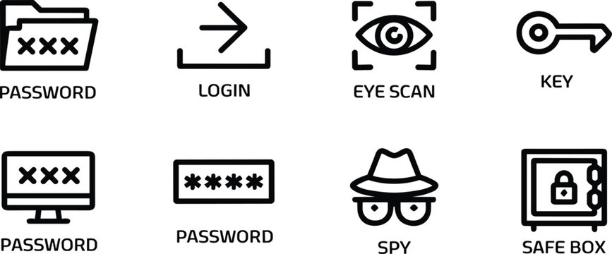 Set of eight black and white security including password folder, login, eye scan, key, monitor, spy, and safe box on white background