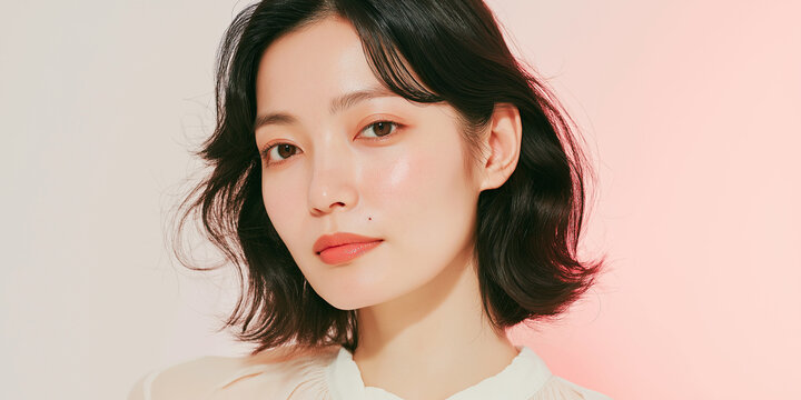 日本人, 女性, 50代, 40代, ミドル, シニア, 美容, スキンケア, エイジングケア, 健康, ライフスタイル, 美人, ナチュラル, 清潔感, 透明感, 白背景, コピースペース, 広告素材, 信頼感, 微笑み, ウェルビーイング, 上半身, 視線, ポニーテール, 化粧品, エステ, 自己肯定感, オーセンティック, ポジティブエイジング, 日本, ウェルエイジング, サプリメント,