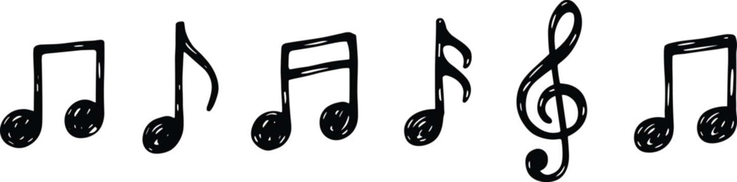 Set of six hand drawn musical notes and a treble clef symbol in black ink style on a clean white background, for music