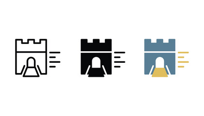 Set of fortified gate icons in line solid and flat design styles for historical castle architecture and gaming assets isolated on white background vector illustration © TARU STOCKPLC