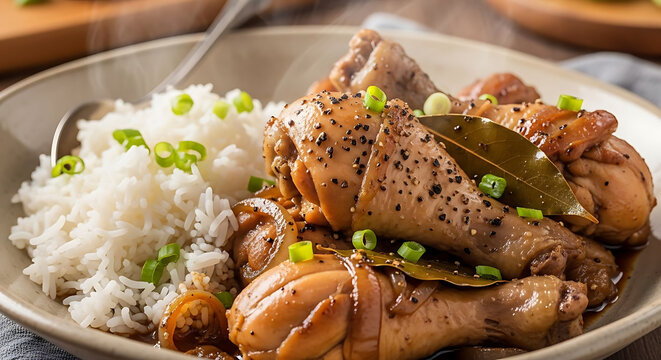 Chicken adobo served with fluffy white rice creates a savory and traditional home cooked meal.