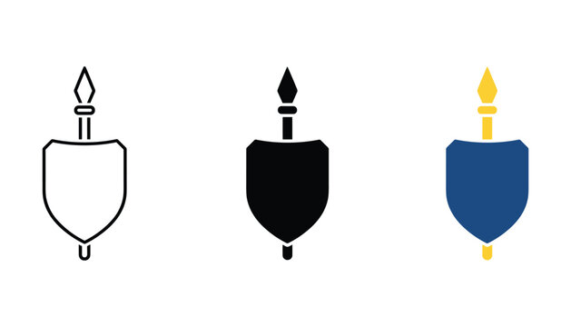 Heraldic shield with spearhead icon in line art solid black and flat colored style set for medieval fantasy game design or historical emblem collection isolated on a clean white background