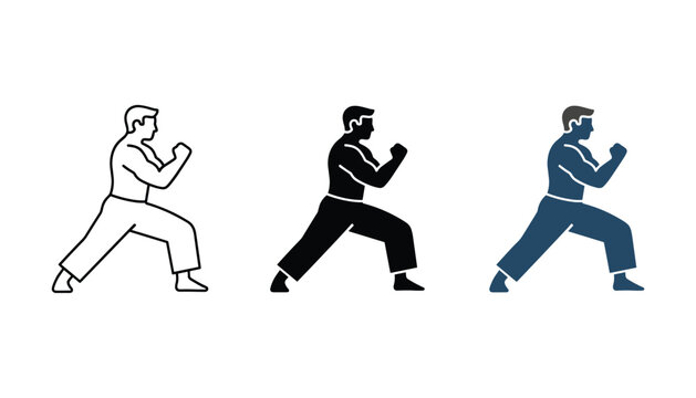 Martial arts fighter in ready stance icon set featuring line art silhouette and flat blue design for self defense training programs sports apps and fitness studio branding on white background