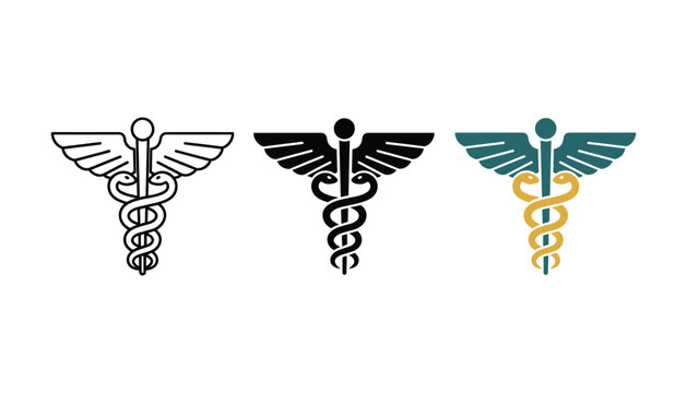 Caduceus medical symbol icons featuring snake wrapped staff with wings in three styles for healthcare and pharmaceutical branding design projects isolated on white background for professional use