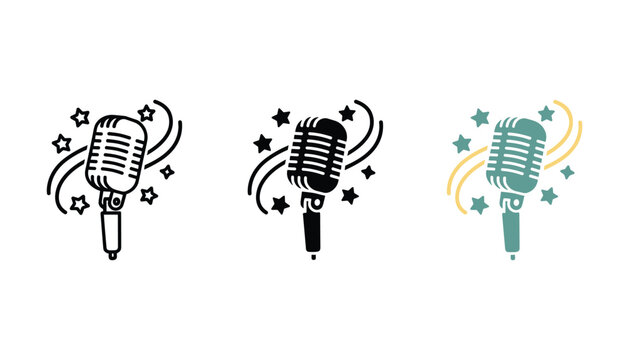 Vintage microphone with decorative stars icon set for entertainment and performance themes in outline solid and teal flat color vector style isolated on white background for creative design