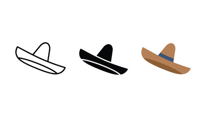Traditional mexican sombrero hat icon set featuring classic wide brim headwear design in outline solid and colorful flat style isolated on white background for cultural and travel graphic themes © TARU STOCKPLC