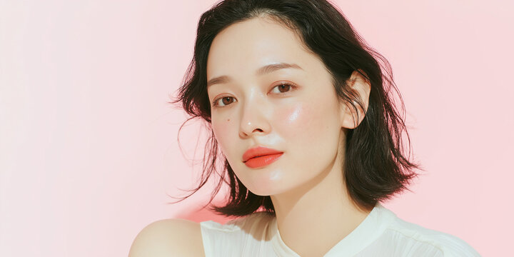 日本人, 女性, 50代, 40代, ミドル, シニア, 美容, スキンケア, エイジングケア, 健康, ライフスタイル, 美人, ナチュラル, 清潔感, 透明感, 白背景, コピースペース, 広告素材, 信頼感, 微笑み, ウェルビーイング, 上半身, 視線, ポニーテール, 化粧品, エステ, 自己肯定感, オーセンティック, ポジティブエイジング, 日本, ウェルエイジング, サプリメント,