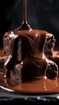 Melted chocolate pouring over a stack of homemade fudgy brownies with steam in a studio setting
