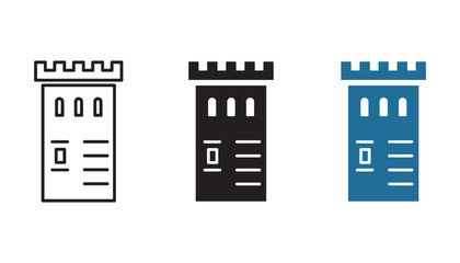 Set of medieval stone tower icons in line solid and flat design styles for castle architecture or historical game assets isolated on white background vector illustration © TARU STOCKPLC