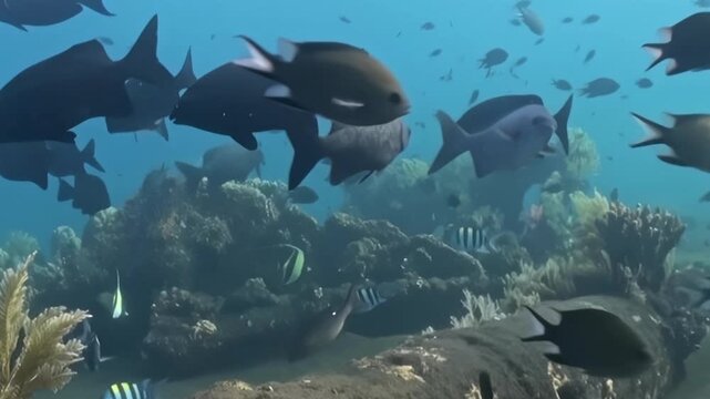Witness a vibrant underwater world where an array of fish, including large dark species and striped sergeant majors, gracefully navigate a living coral reef.