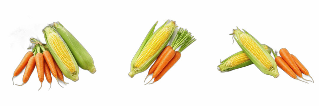 Set of Fresh Corn on the Cob and Orange Carrots Isolated on White Background, Healthy Organic Vegetables, High-Quality PNG Images for Culinary Projects, Nutrition Blogs, Farm Market Advertising, and R