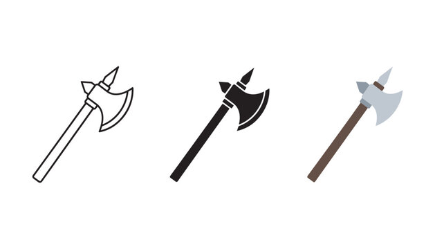 Medieval battle axe weapon icons in linear solid and color variations for gaming assets and historical fantasy graphic design projects isolated on white background for professional visual media