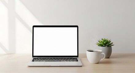 Fototapeta premium Laptop computer with blank white screen mockup sitting on a wooden desk with a steaming coffee cup and succulent plant