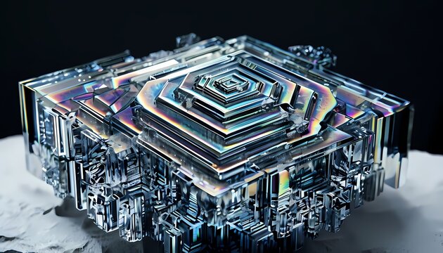 Futuristic bismuth crystal mineral matrix with iridescent geometric steps