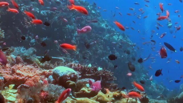 Observe the stunning underwater world as countless scarlet anthias and other fish navigate a vibrant, intricate coral reef.