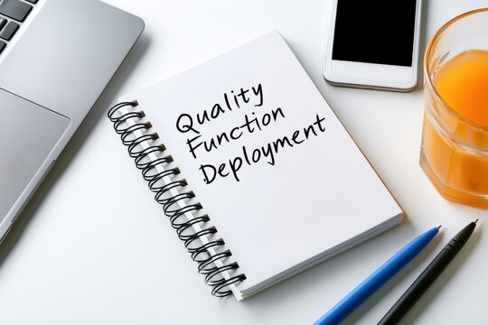 Quality Function Deployment written on notebook isolated on white background