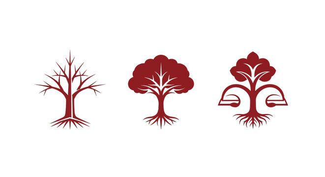 Three distinct red tree icons with roots and branches.