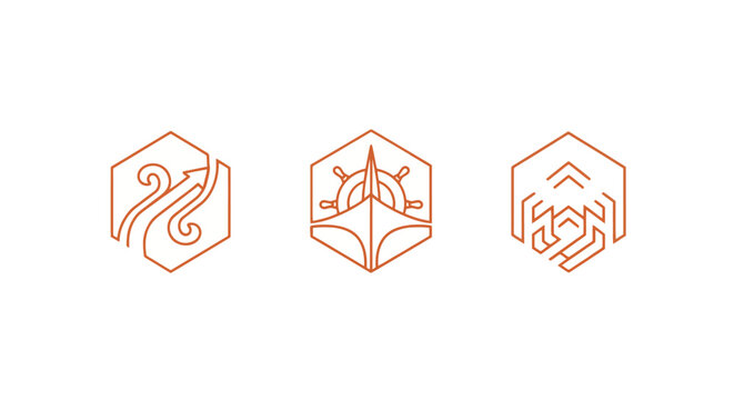 Three hexagonal icons with abstract line art designs.