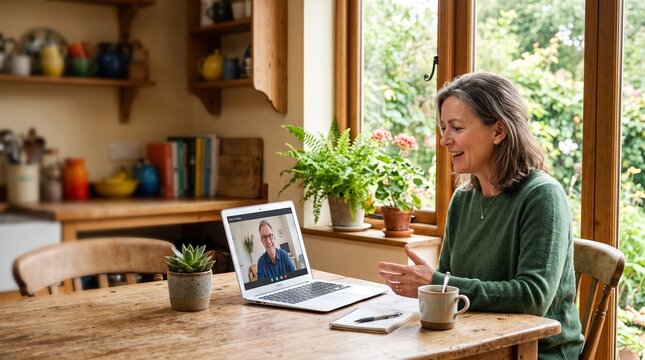 Woman having a video call with a man on a laptop in a cozy kitchen with plants and natural light