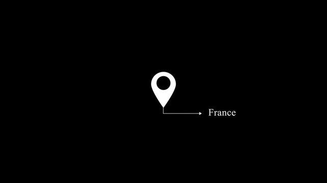 Glowing white,location icon with location country of France.Abstract France location marker animation on transparent background.France map with destination location concept.