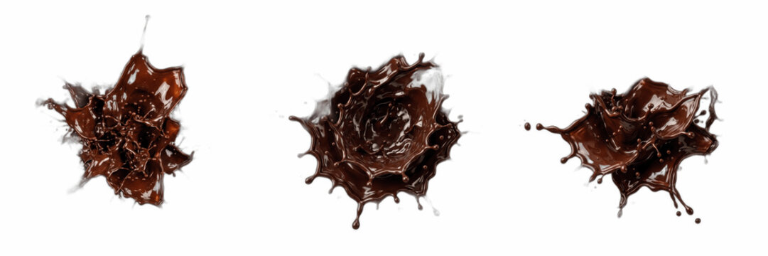Set of Dynamic Chocolate Splashes Isolated on White Background, Rich Cocoa Liquid Bursting Effects, High-Quality PNG Images for Food Advertising, Dessert Menu Design, Bakery Branding, and Creative Cul