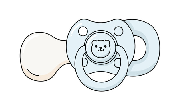 Light blue baby pacifier with a cute bear face illustration on the handle shield designed for infants and newborn babies.