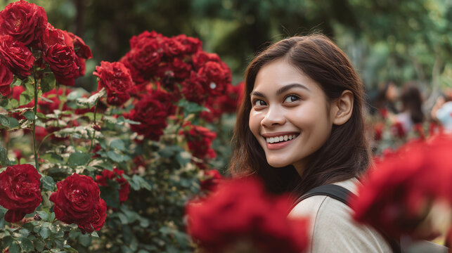 Woman Smiling at Sam Cheok Rose Park Festival with Roses