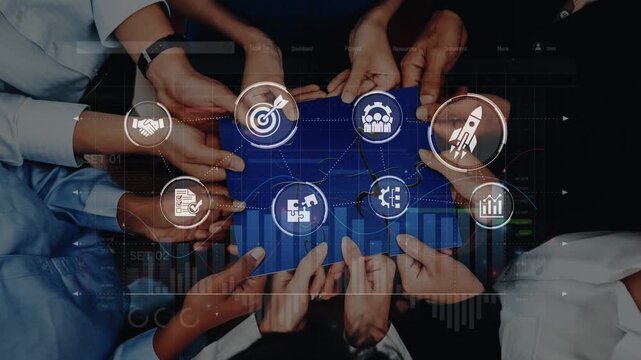 A diverse group of hands surrounds a digital tablet showcasing icons representing collaboration, strategy, and innovation in a modern business environment. Raster