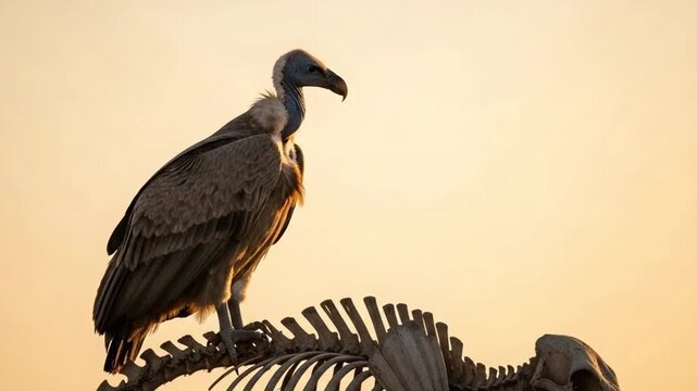 Vulture perched on animal skeleton carcass at sunset, scavenger bird in wild nature, concept of death and decay, wildlife photography, predator bird in natural habitat