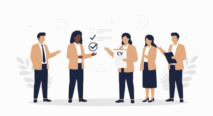 Fototapeta premium Diverse team reviewing CVs and evaluating candidates for job selection and recruitment, teamwork, and hiring process.