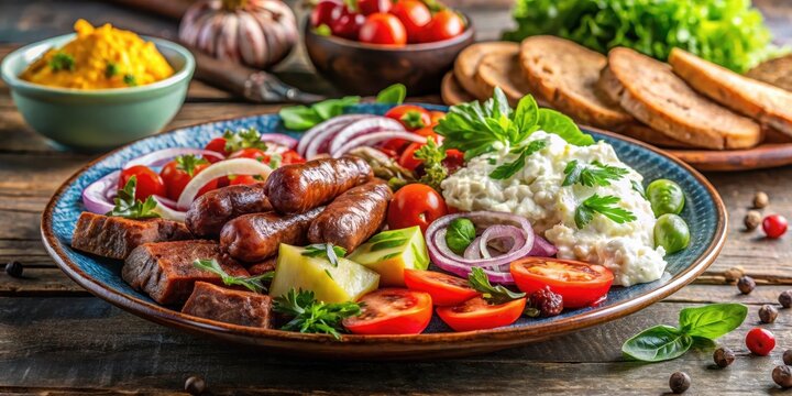 Serbian pljeskavica on a plate with Serbian urnebes salad and traditional Balkan sides