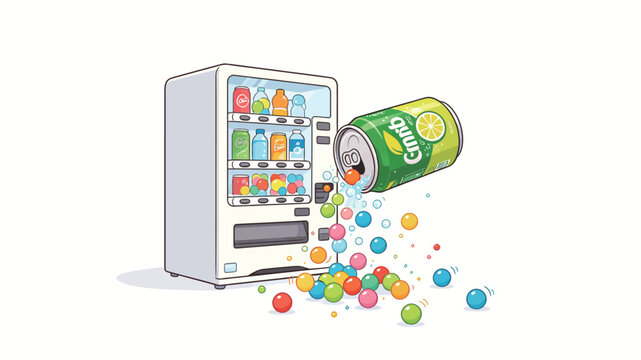 Colorful beverage can exploding with vibrant spheres spilling from a cartoon vending machine